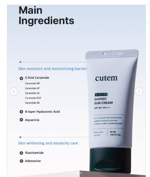 CUTEM Waterful Barrier Sun Cream | Nawilżający krem przeciwsłoneczny SPF 50+ / PA++++ | 50 ml