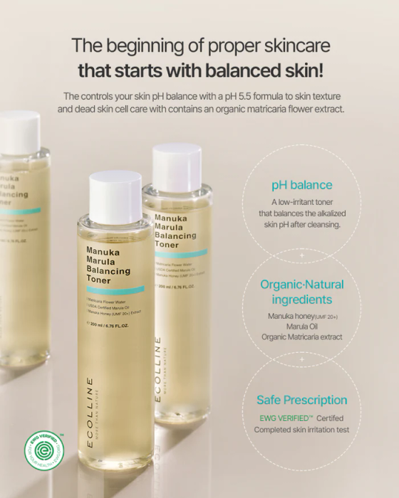 ECOLLINE Manuka Marula Balancing Toner | Łagodzący tonik z miodem manuka, olejem marula i wodą z rumianku | 200 ml